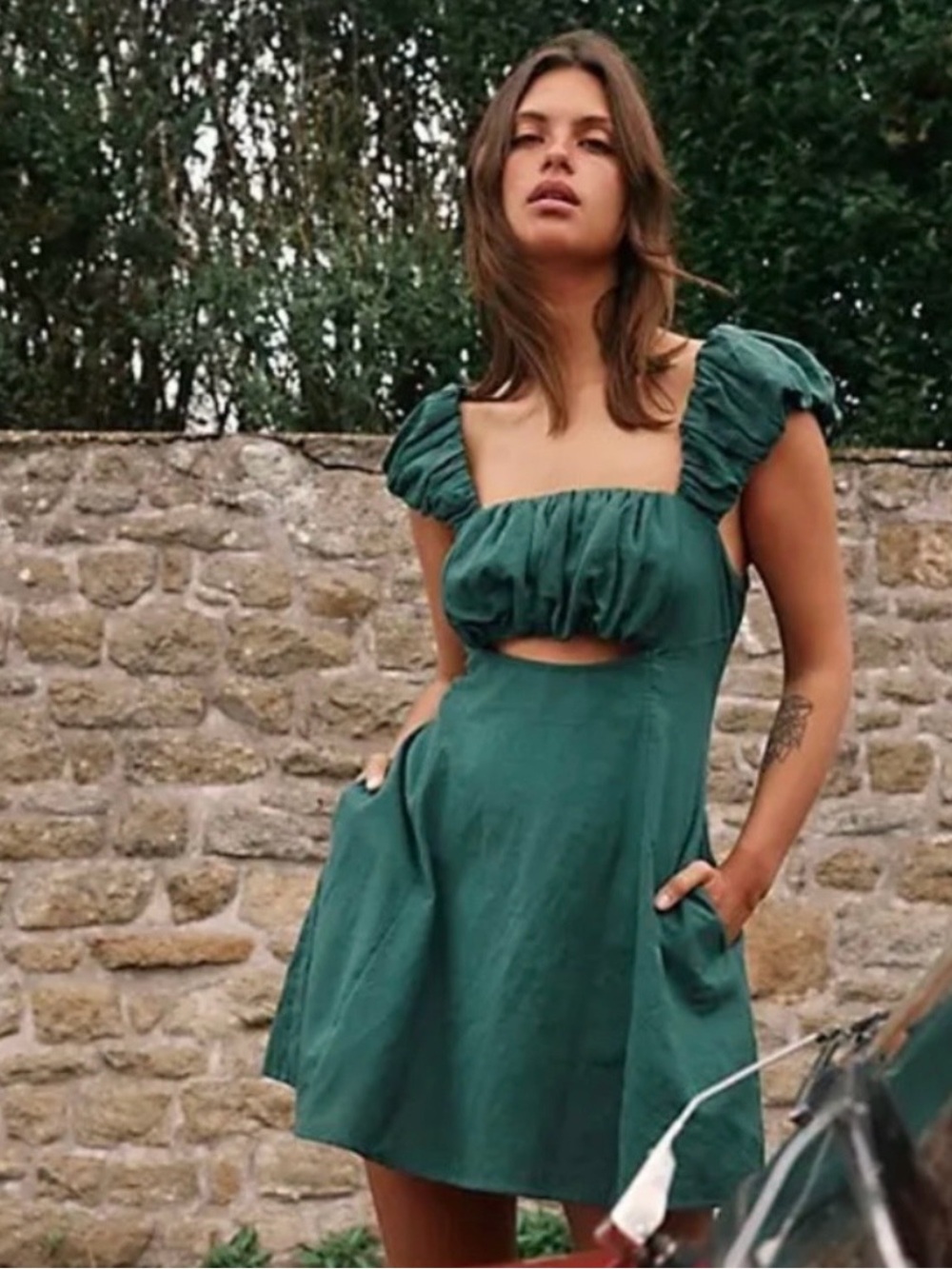 Free People Bom Bom Island Mini Dress Green Size Large Puff Sleeve Cutout Dress